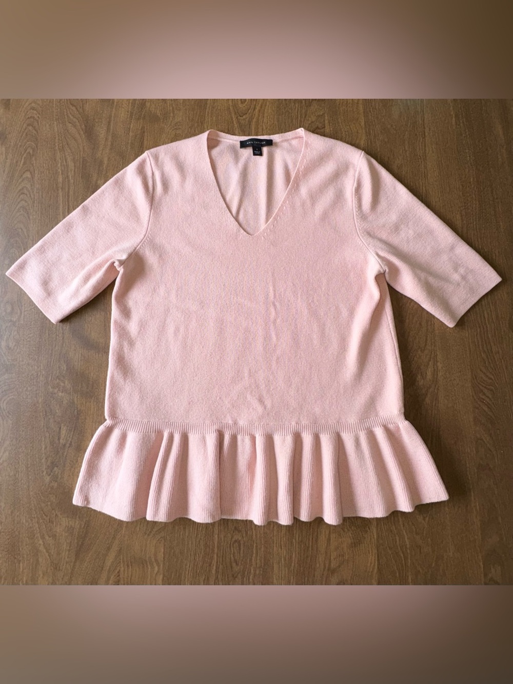 Ann Taylor Light Pink V-Neck Ruffle-Hem Sweater